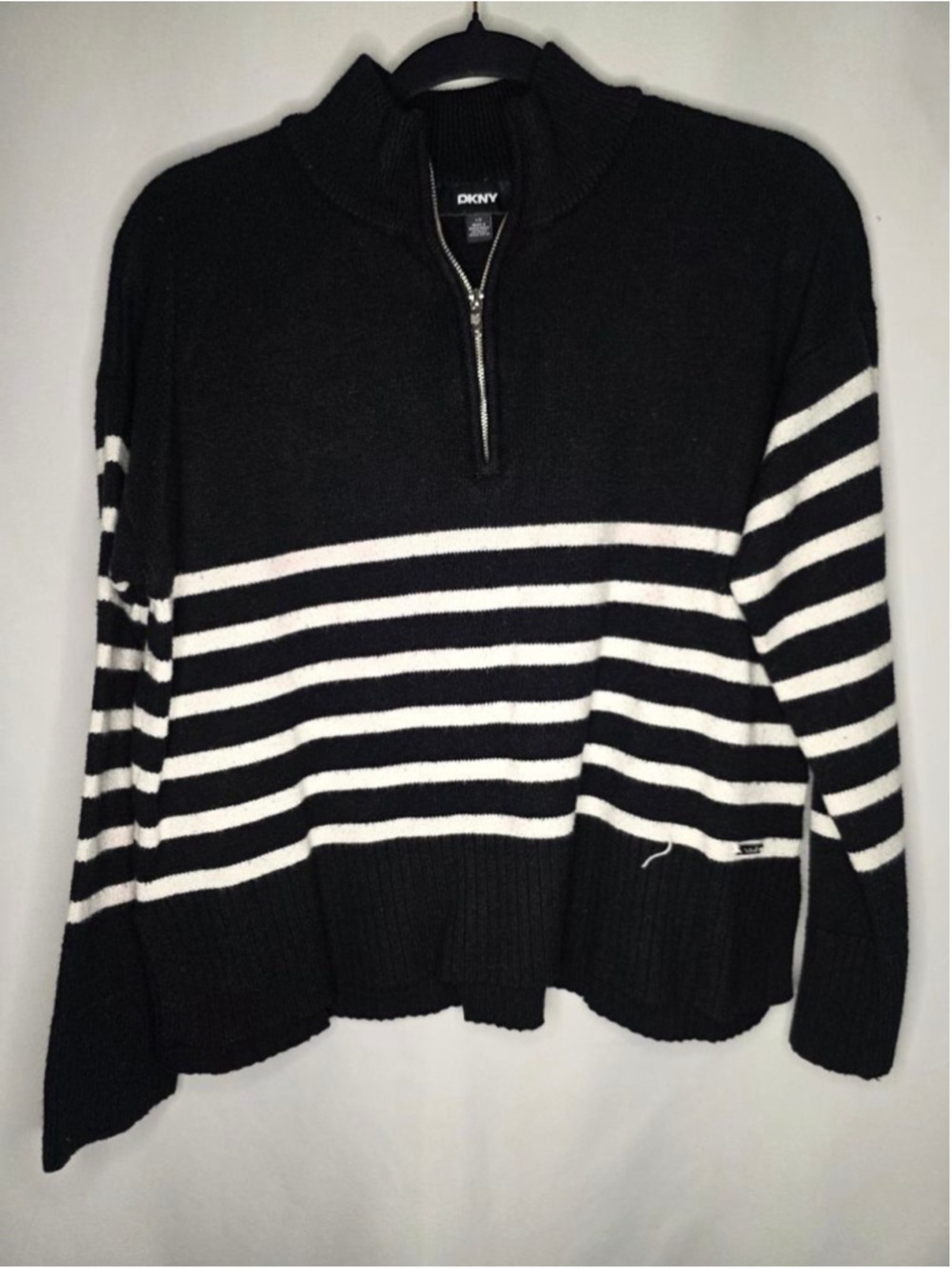 DKNY Black White Stripe Quarter Zip Sweater Large